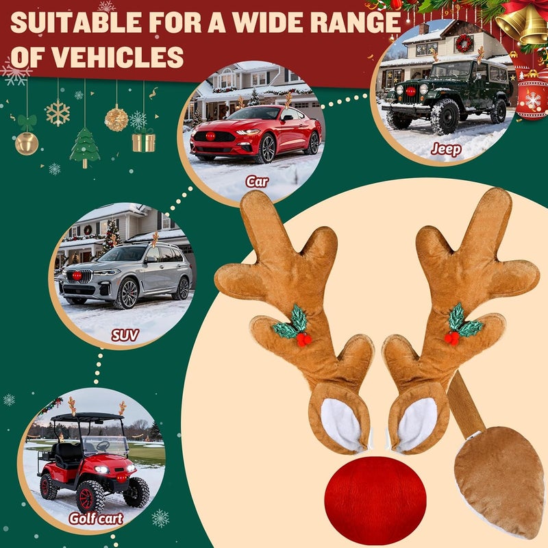 Angooni Christmas Car Decoration with Colorful LED Car Kit - 17 Inch Reindeer Antlers with Ears, Red Nose, and Tail - Exterior Accessories for Cars, Trucks, Jeeps, SUVs - Image 5